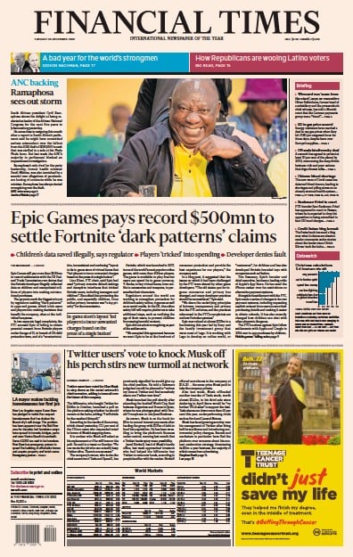 Financial Times (UK) Newspaper Front Page for 20 December 2022