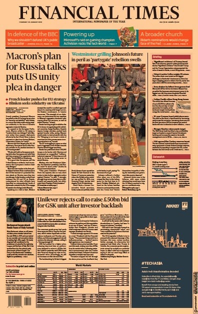 Financial Times (UK) Newspaper Front Page for 20 January 2022