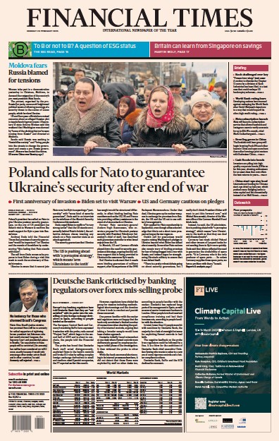Financial Times (UK) Newspaper Front Page for 20 February 2023