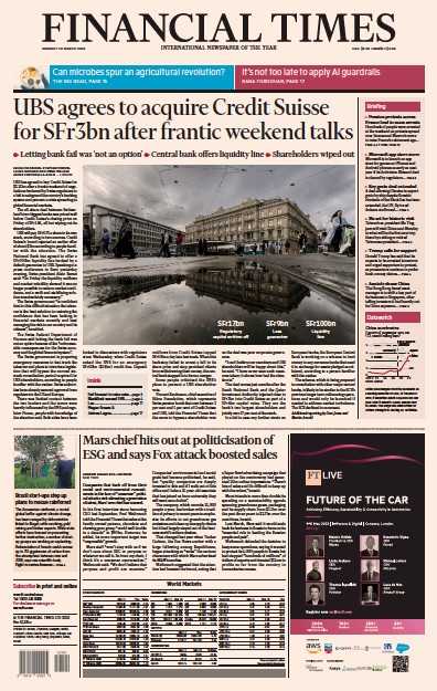 Financial Times (UK) Newspaper Front Page for 20 March 2023