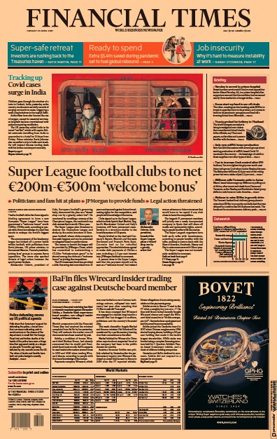 Financial Times (UK) Newspaper Front Page for 20 April 2021