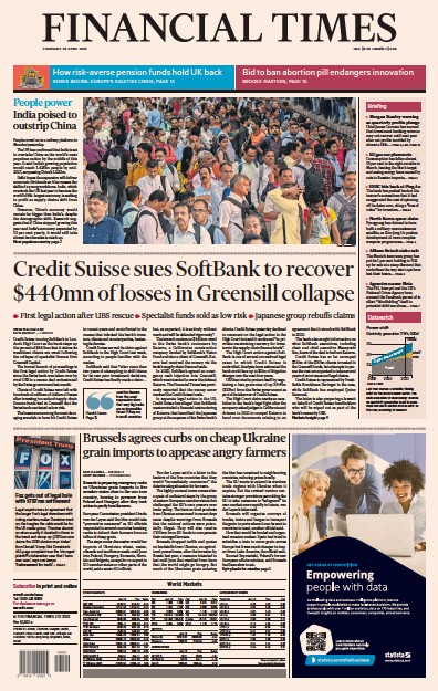 Financial Times (UK) Newspaper Front Page for 20 April 2023