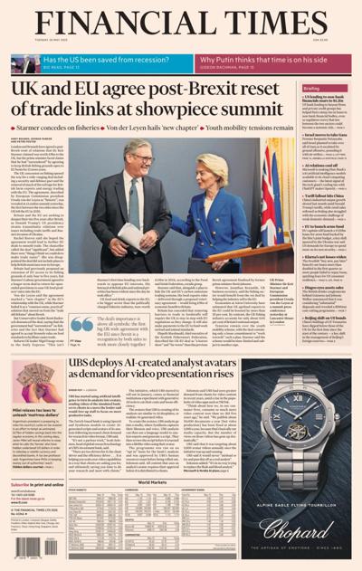 Financial Times (UK) Newspaper Front Page for 20 May 2025