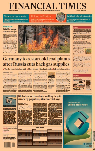 Financial Times (UK) Newspaper Front Page for 20 June 2022