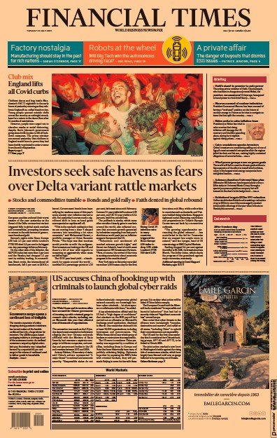 Financial Times (UK) Newspaper Front Page for 20 July 2021