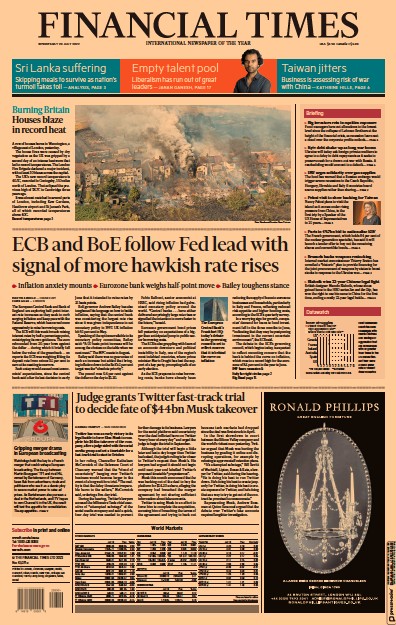 Financial Times Newspaper Front Page for 20 July 2022