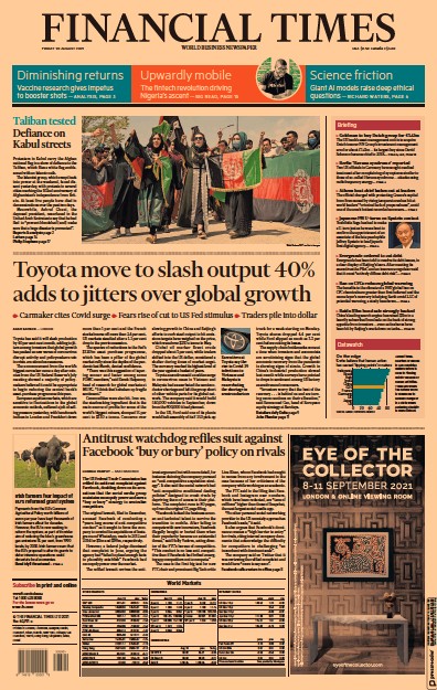 Financial Times (UK) Newspaper Front Page for 20 August 2021
