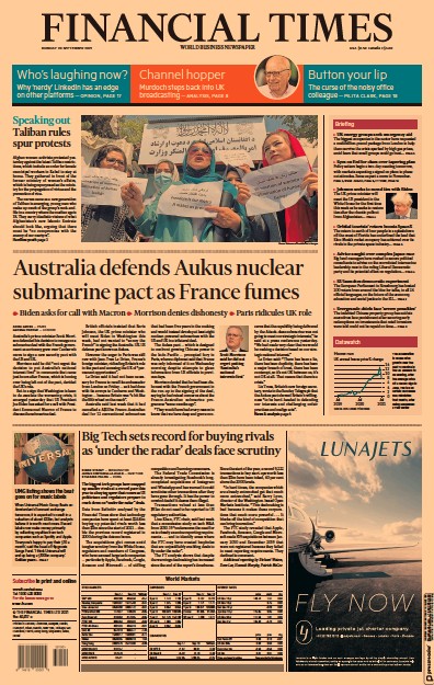 Financial Times (UK) Newspaper Front Page for 20 September 2021