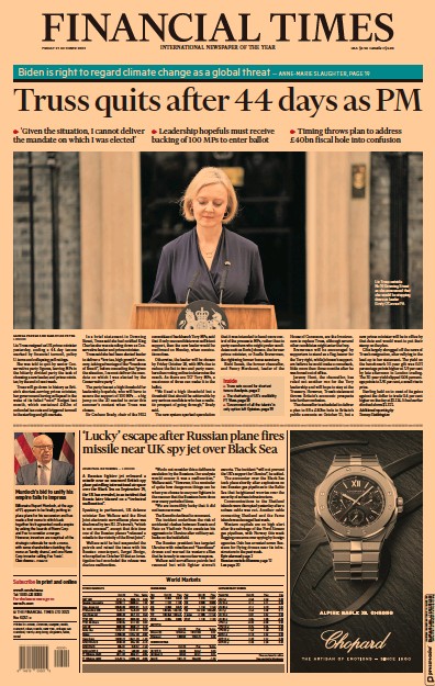 Financial Times Newspaper Front Page for 21 October 2022