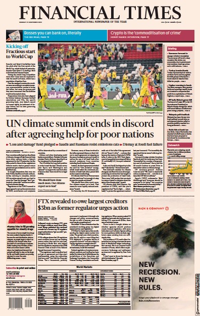Financial Times (UK) Newspaper Front Page for 21 November 2022