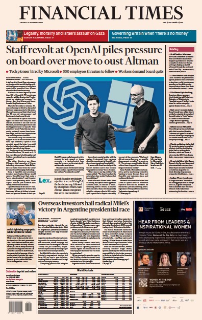 Financial Times (UK) Newspaper Front Page for 21 November 2023