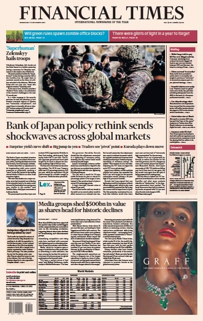 Financial Times (UK) Newspaper Front Page for 21 December 2022