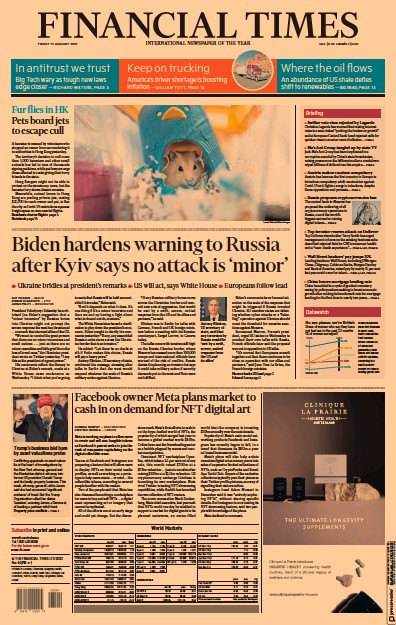 Financial Times (UK) Newspaper Front Page for 21 January 2022