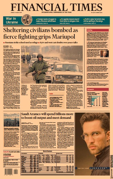 Financial Times (UK) Newspaper Front Page for 21 March 2022