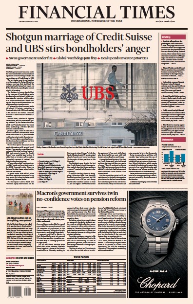 Financial Times (UK) Newspaper Front Page for 21 March 2023