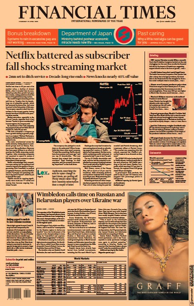 Financial Times Newspaper Front Page for 21 April 2022