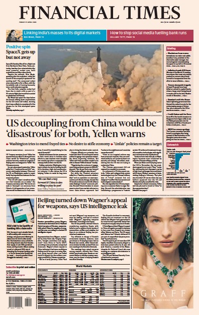 Financial Times (UK) Newspaper Front Page for 21 April 2023