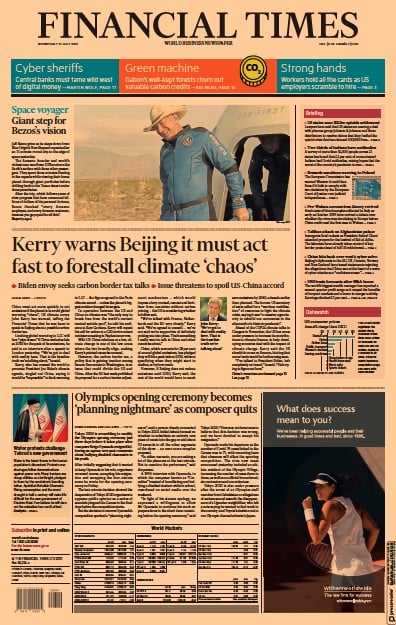 Financial Times (UK) Newspaper Front Page for 21 July 2021