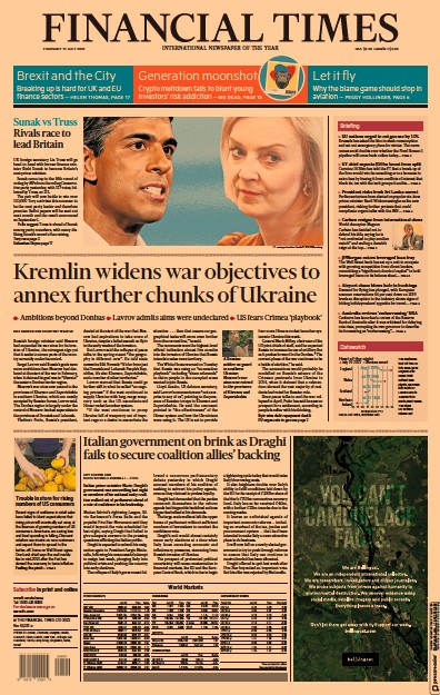 Financial Times Newspaper Front Page for 21 July 2022