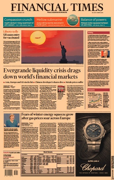 Financial Times (UK) Newspaper Front Page for 21 September 2021