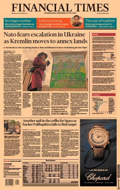Financial Times (UK) Newspaper Front Page for 21 September 2022