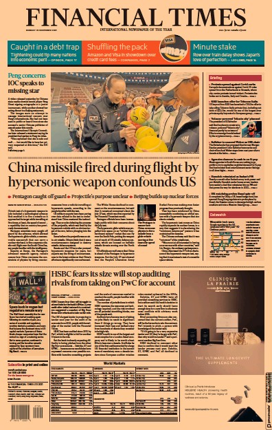 Financial Times (UK) Newspaper Front Page for 22 November 2021