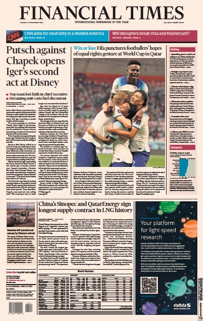 Financial Times (UK) Newspaper Front Page for 22 November 2022