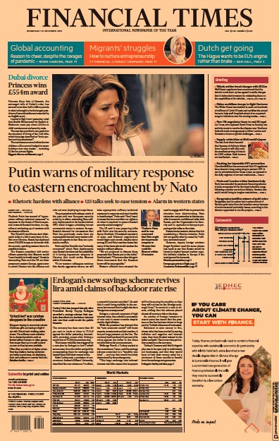 Financial Times (UK) Newspaper Front Page for 22 December 2021