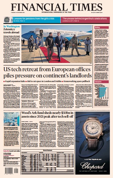 Financial Times Newspaper Front Page for 22 December 2022