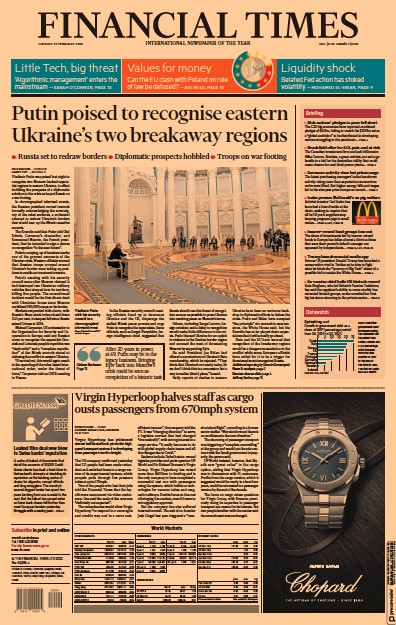 Financial Times Newspaper Front Page for 22 February 2022