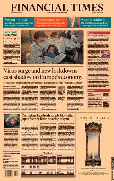 Financial Times (UK) Newspaper Front Page for 22 March 2021