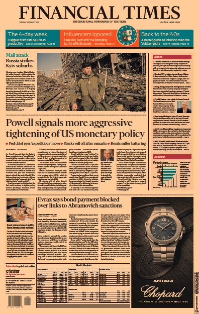 Financial Times Newspaper Front Page for 22 March 2022