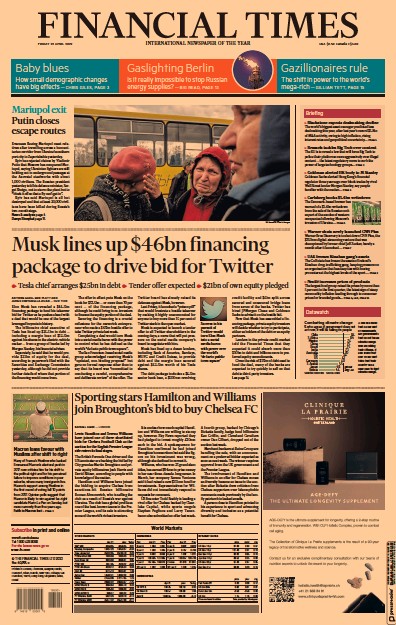 Financial Times Newspaper Front Page for 22 April 2022