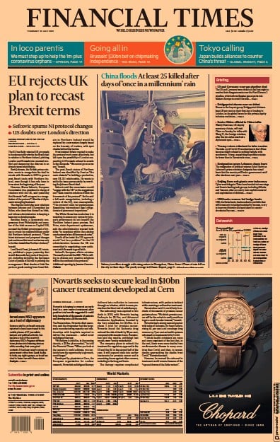 Financial Times (UK) Newspaper Front Page for 22 July 2021