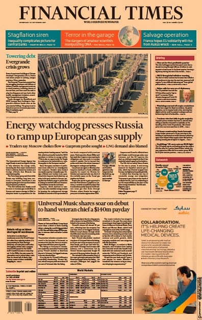 Financial Times (UK) Newspaper Front Page for 22 September 2021