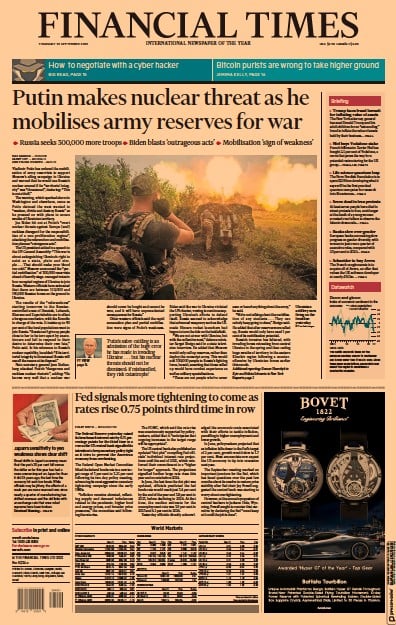 Financial Times (UK) Newspaper Front Page for 22 September 2022