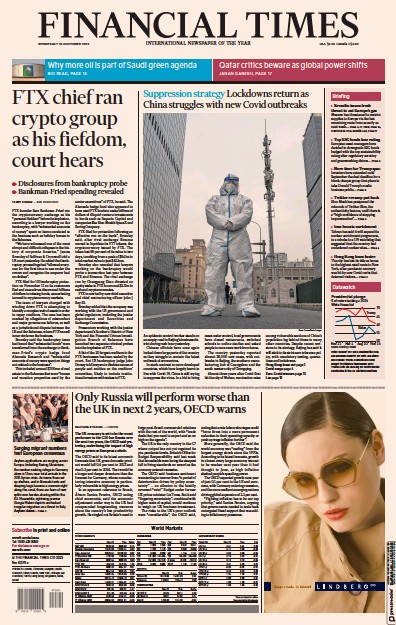 Financial Times (UK) Newspaper Front Page for 23 November 2022