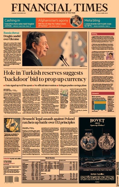 Financial Times (UK) Newspaper Front Page for 23 December 2021