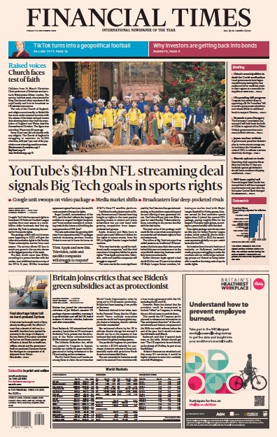 Financial Times Newspaper Front Page for 23 December 2022