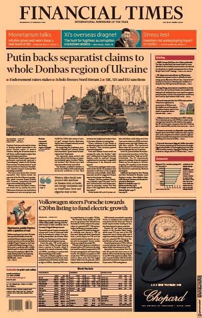 Financial Times Newspaper Front Page for 23 February 2022