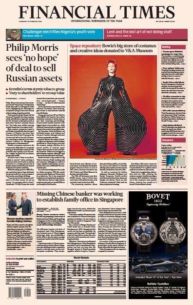 Financial Times (UK) Newspaper Front Page for 23 February 2023
