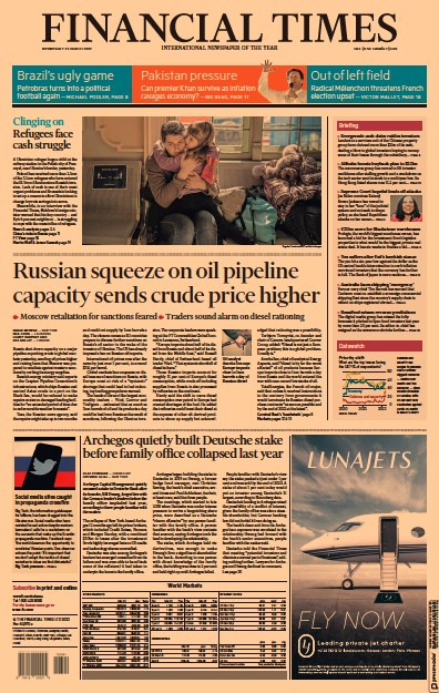 Financial Times Newspaper Front Page for 23 March 2022