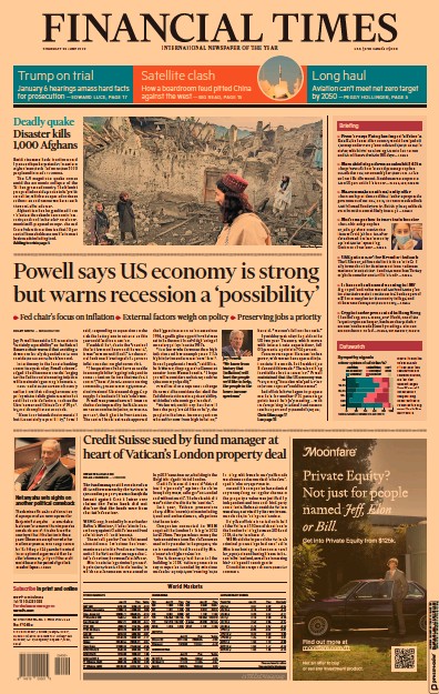 Financial Times (UK) Newspaper Front Page for 23 June 2022