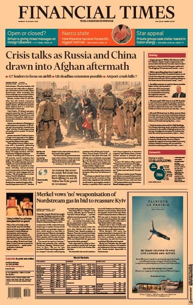 Financial Times (UK) Newspaper Front Page for 23 August 2021