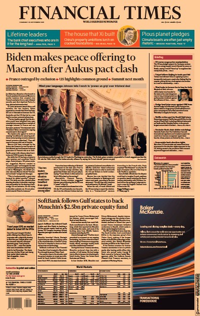 Financial Times (UK) Newspaper Front Page for 23 September 2021