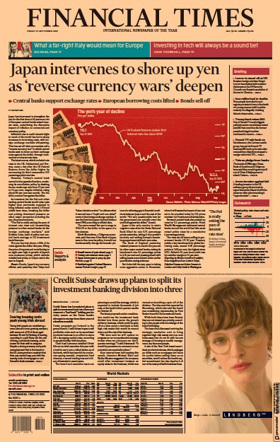 Financial Times (UK) Newspaper Front Page for 23 September 2022