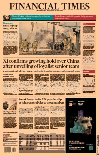 Financial Times Newspaper Front Page for 24 October 2022