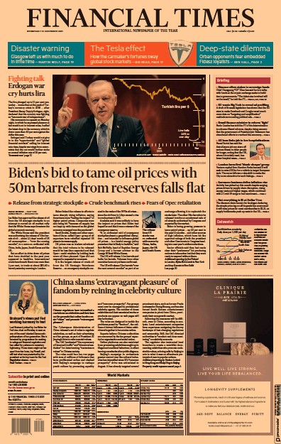 Financial Times (UK) Newspaper Front Page for 24 November 2021