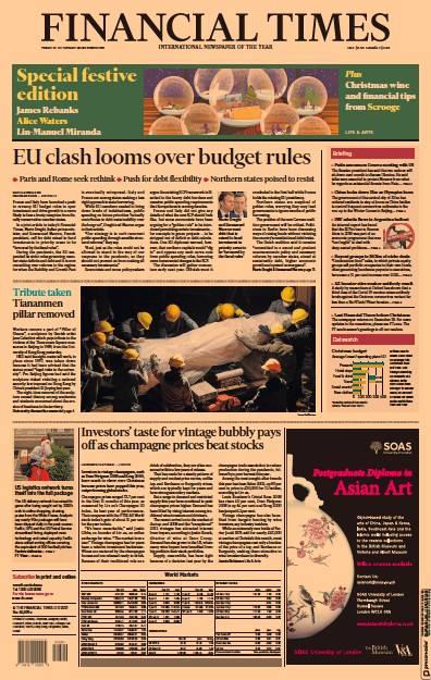 Financial Times (UK) Newspaper Front Page for 24 December 2021