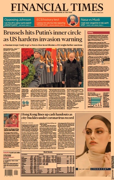 Financial Times Newspaper Front Page for 24 February 2022